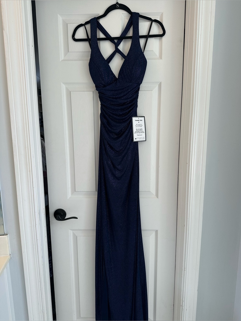 Macy's Navy Crisscross Ruched Maxi Gown